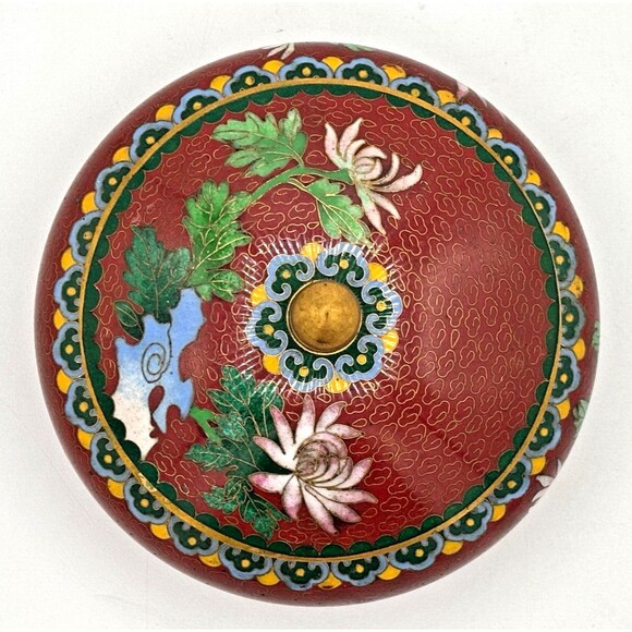 Vintage Chinese Cloisonné Enamel on Bronze Lidded Bowl Trinket Dish Floral Teal - Picture 9 of 16